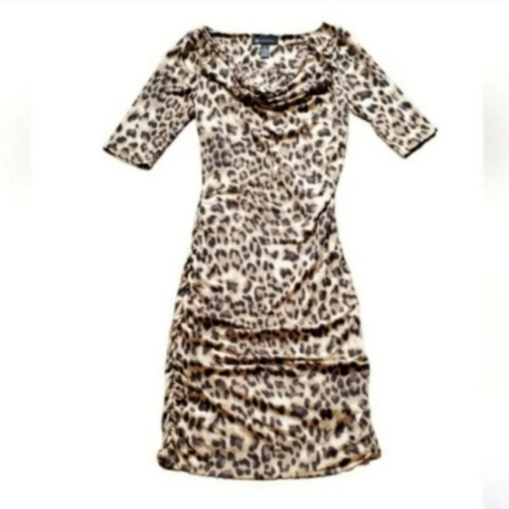 I.N.C Black Animal Print Tan Brown Half Sleeve Ruched Black Bodycon Dress M